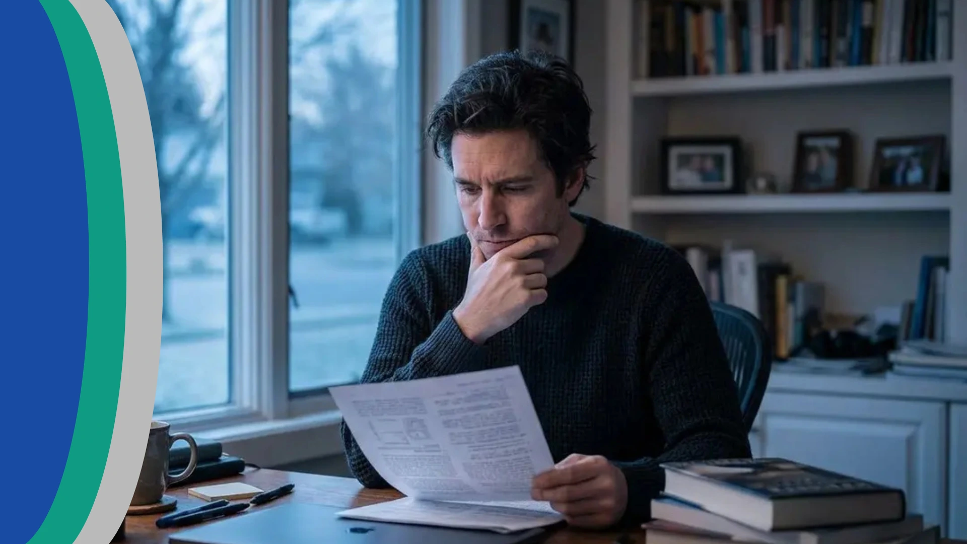 A man looking at his consumer proposal at his home office