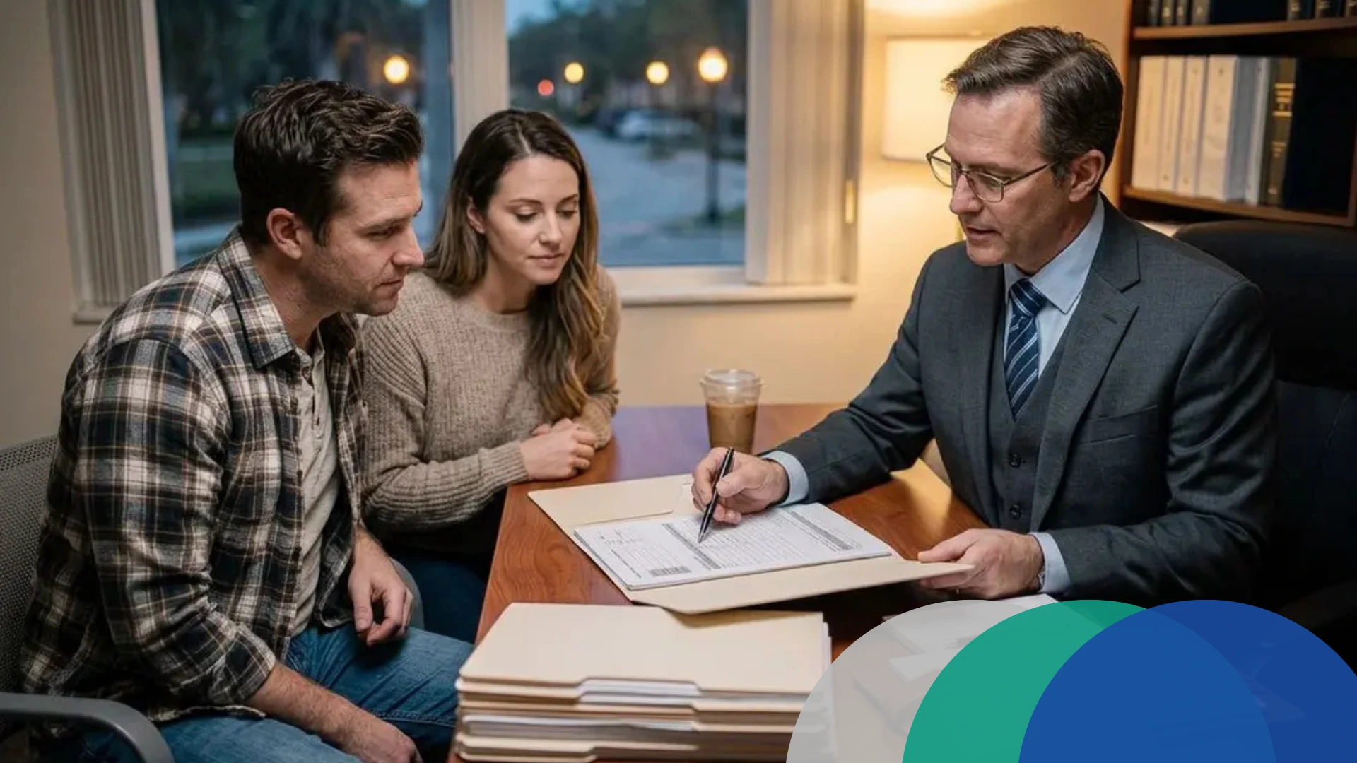 A couple looking at their consumer proposal with their trustee in his office